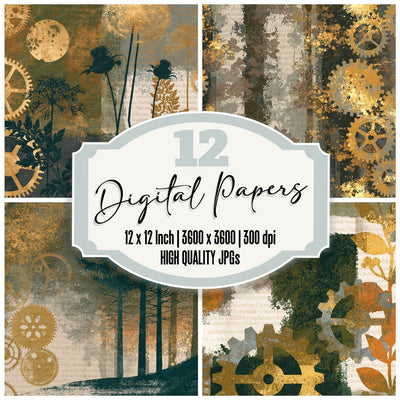 Screenprint Brass Mechanisms Moss Oat Digital Paper Pack (DDD014278)