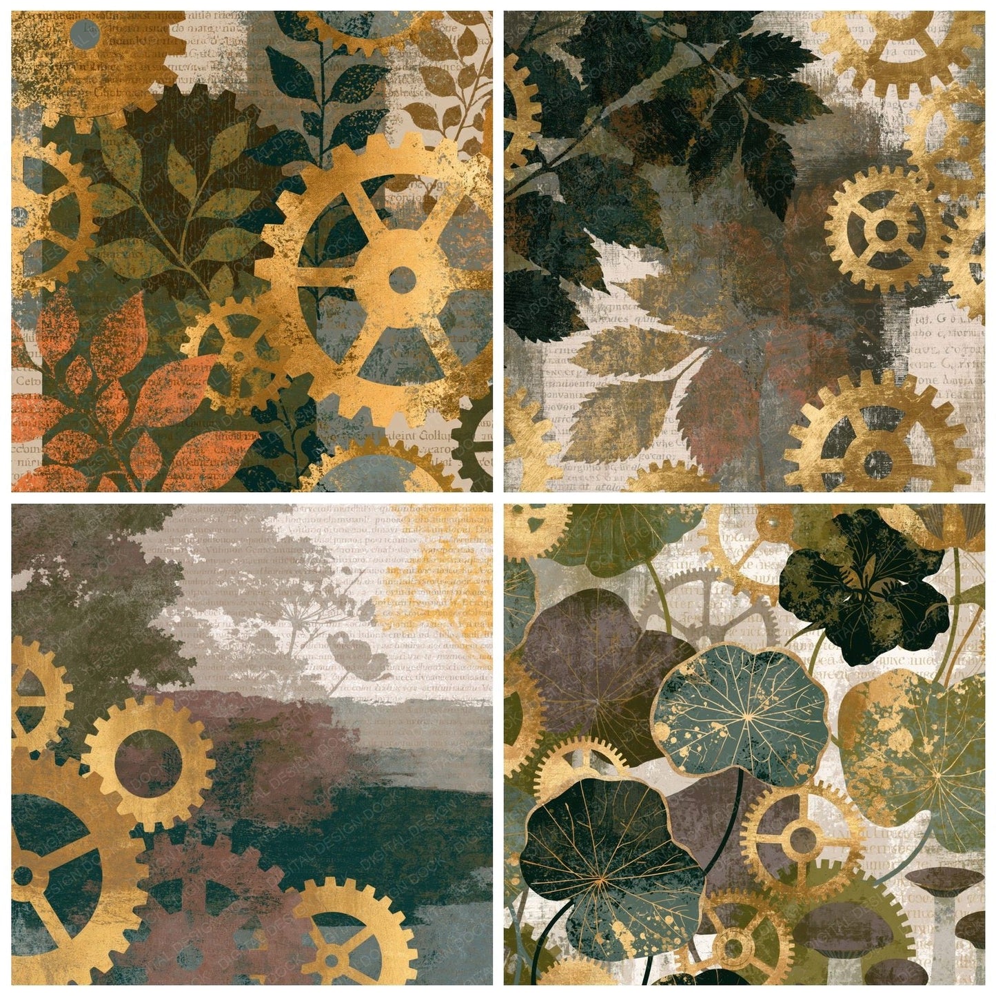 Screenprint Brass Mechanisms Moss Oat Digital Paper Pack (DDD014278)