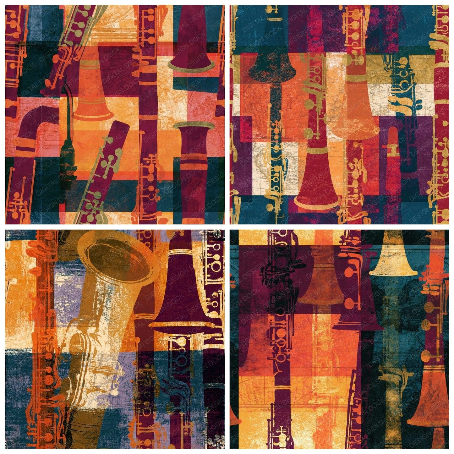 Screenprint Clarinets Oxblood Seamless Digital Paper Pack (DDD014279)
