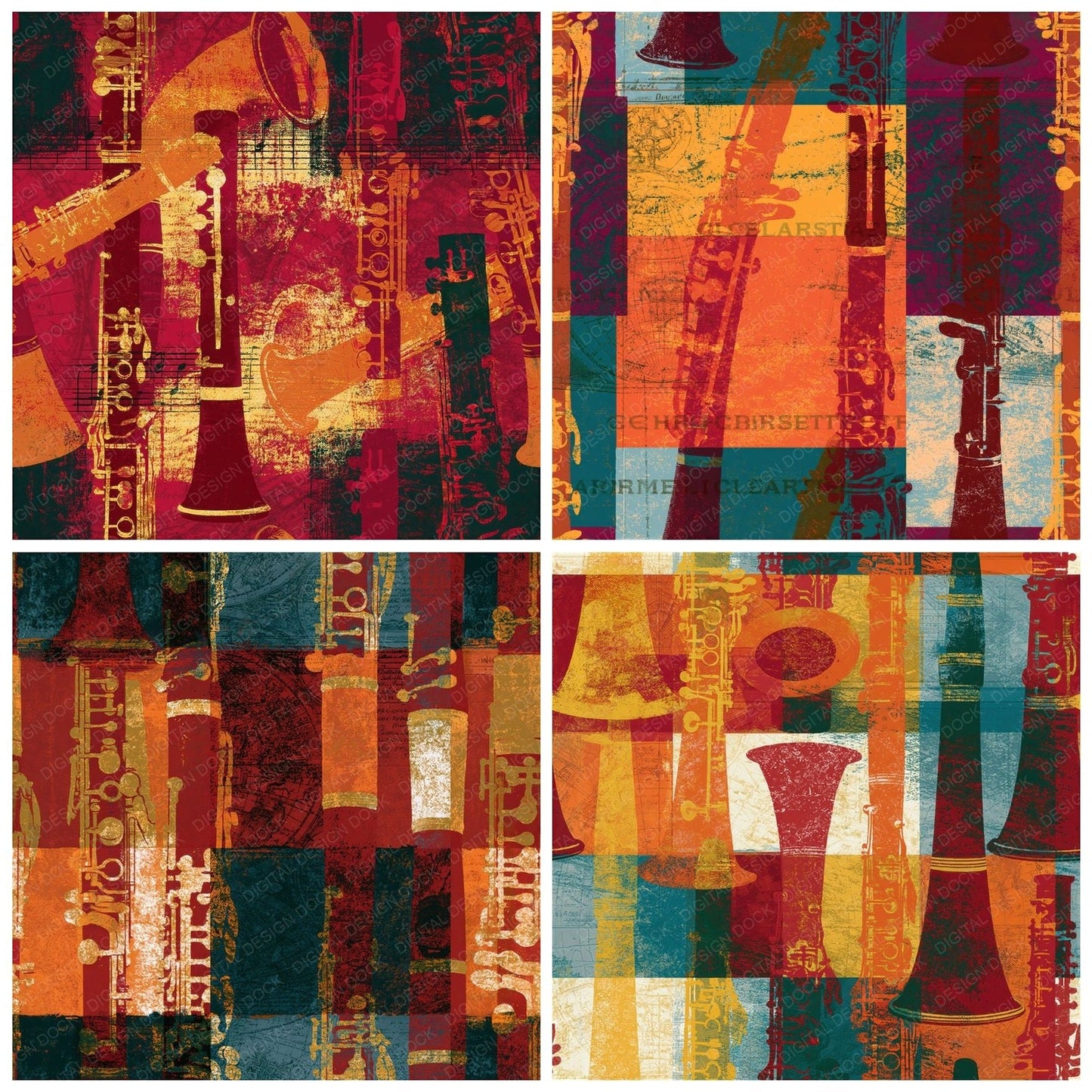 Screenprint Clarinets Oxblood Seamless Digital Paper Pack (DDD014279)