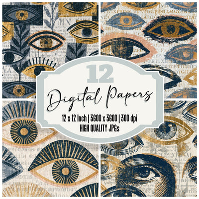 Woodblock Neon Eyes Thunder Grey Brass Digital Paper Pack (DDD014281)