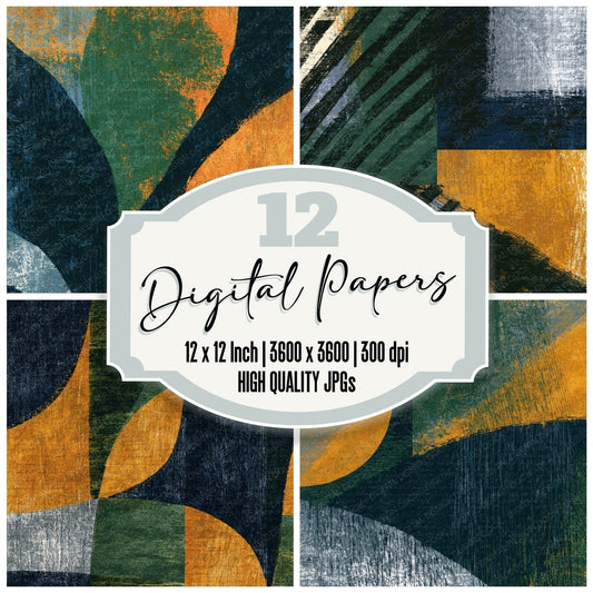 Woodcut Palm Green Ochre Midnight Abstract Digital Paper Pack (DDD014283)