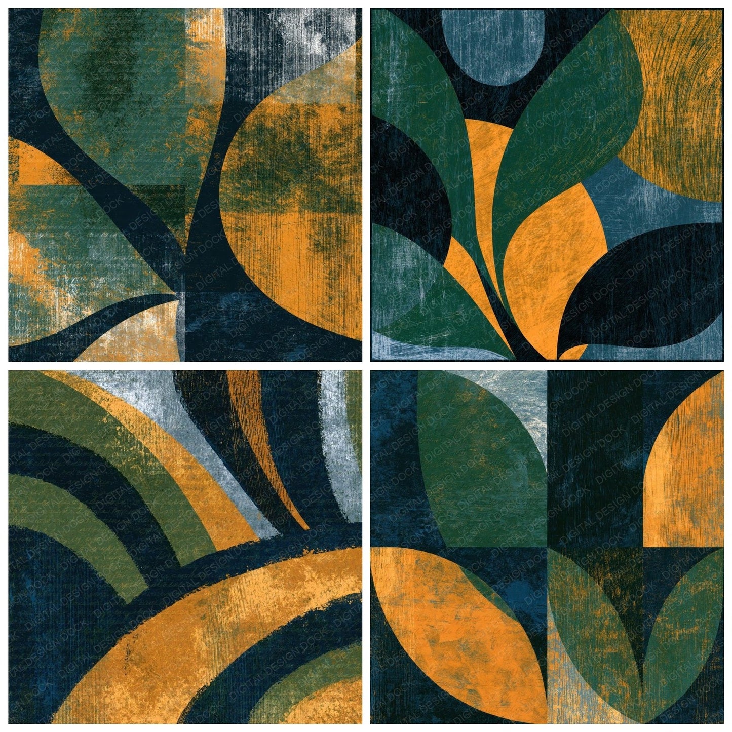 Woodcut Palm Green Ochre Midnight Abstract Digital Paper Pack (DDD014283)