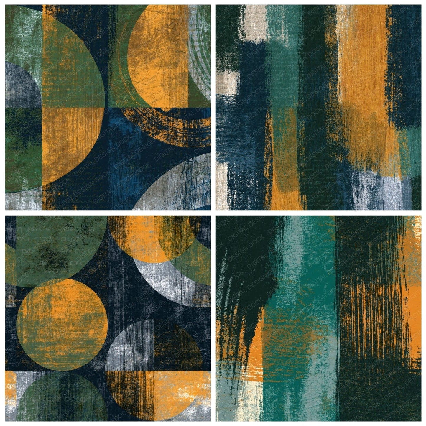Woodcut Palm Green Ochre Midnight Abstract Digital Paper Pack (DDD014283)