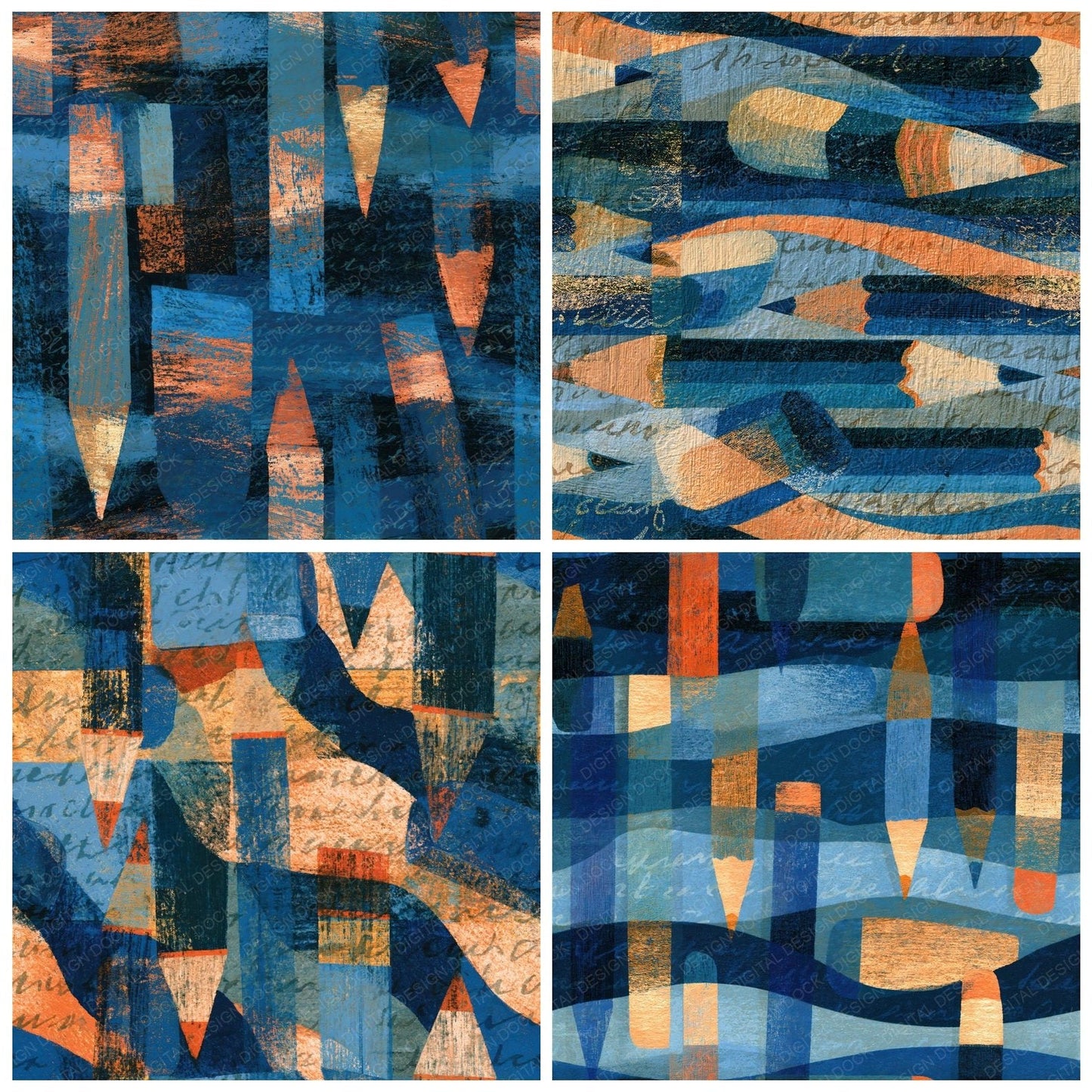 Woodcut Pencils Erasers Indigo Seamless Digital Paper Pack (DDD014284)