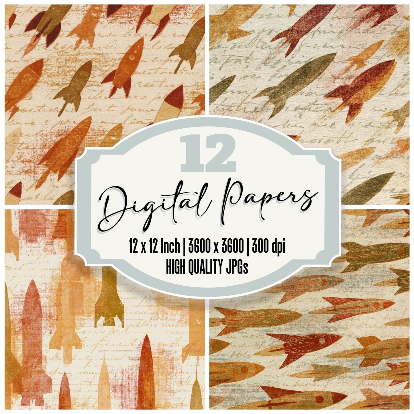 Etching Rocket Ships Rust Brass Digital Paper Pack (DDD014287)
