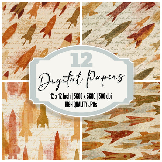 Etching Rocket Ships Rust Brass Digital Paper Pack (DDD014287)