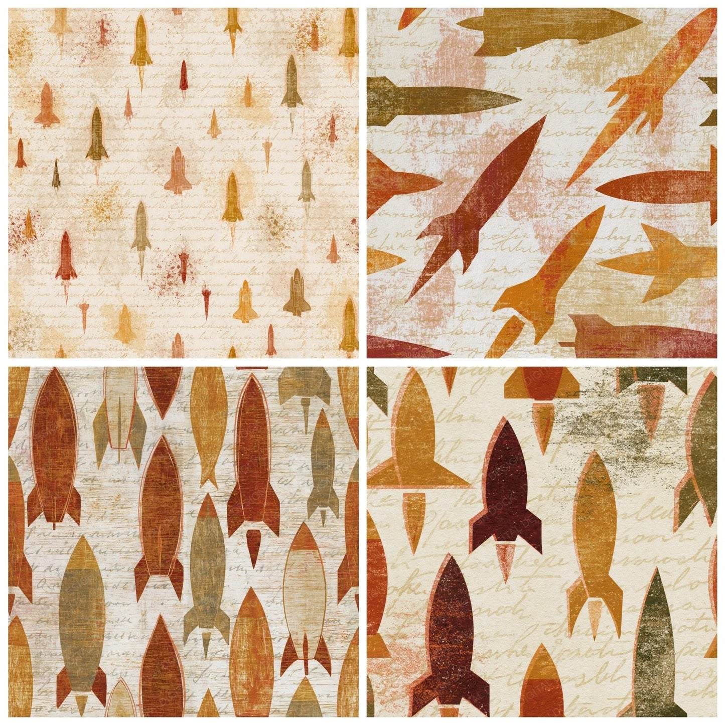 Etching Rocket Ships Rust Brass Digital Paper Pack (DDD014287)