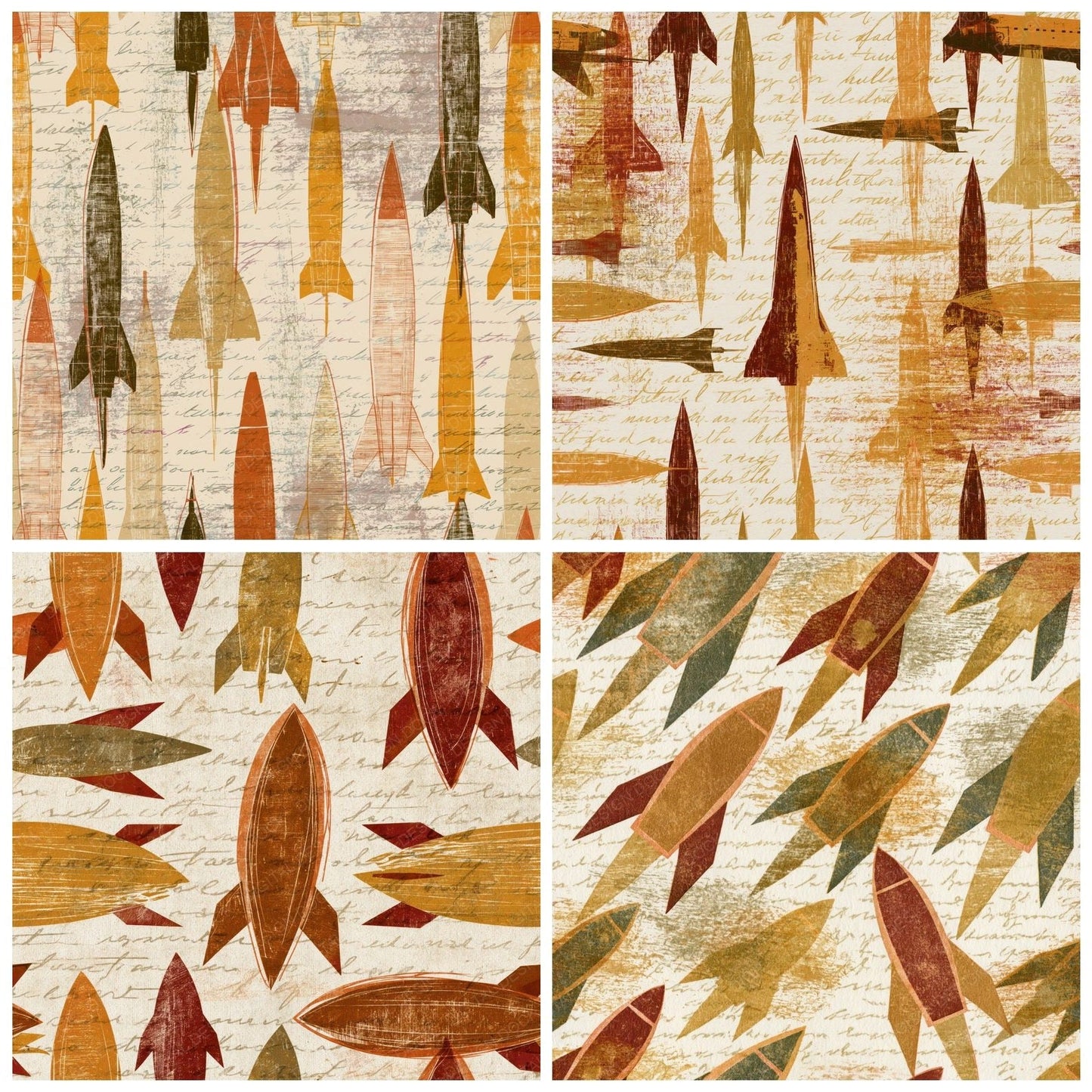Etching Rocket Ships Rust Brass Digital Paper Pack (DDD014287)