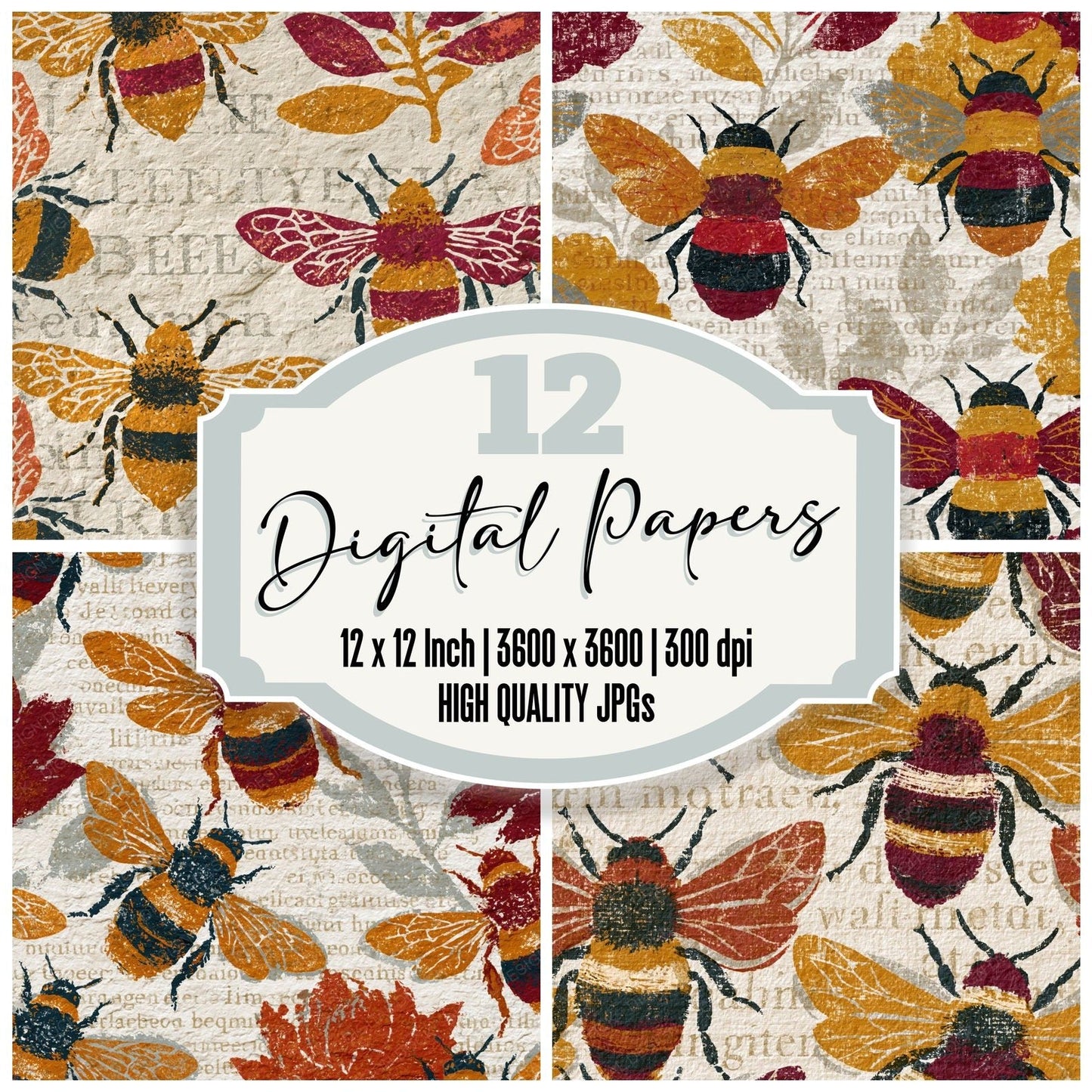 Monoprint Bumblebees Cinnamon Burgundy Digital Paper Pack (DDD014290)