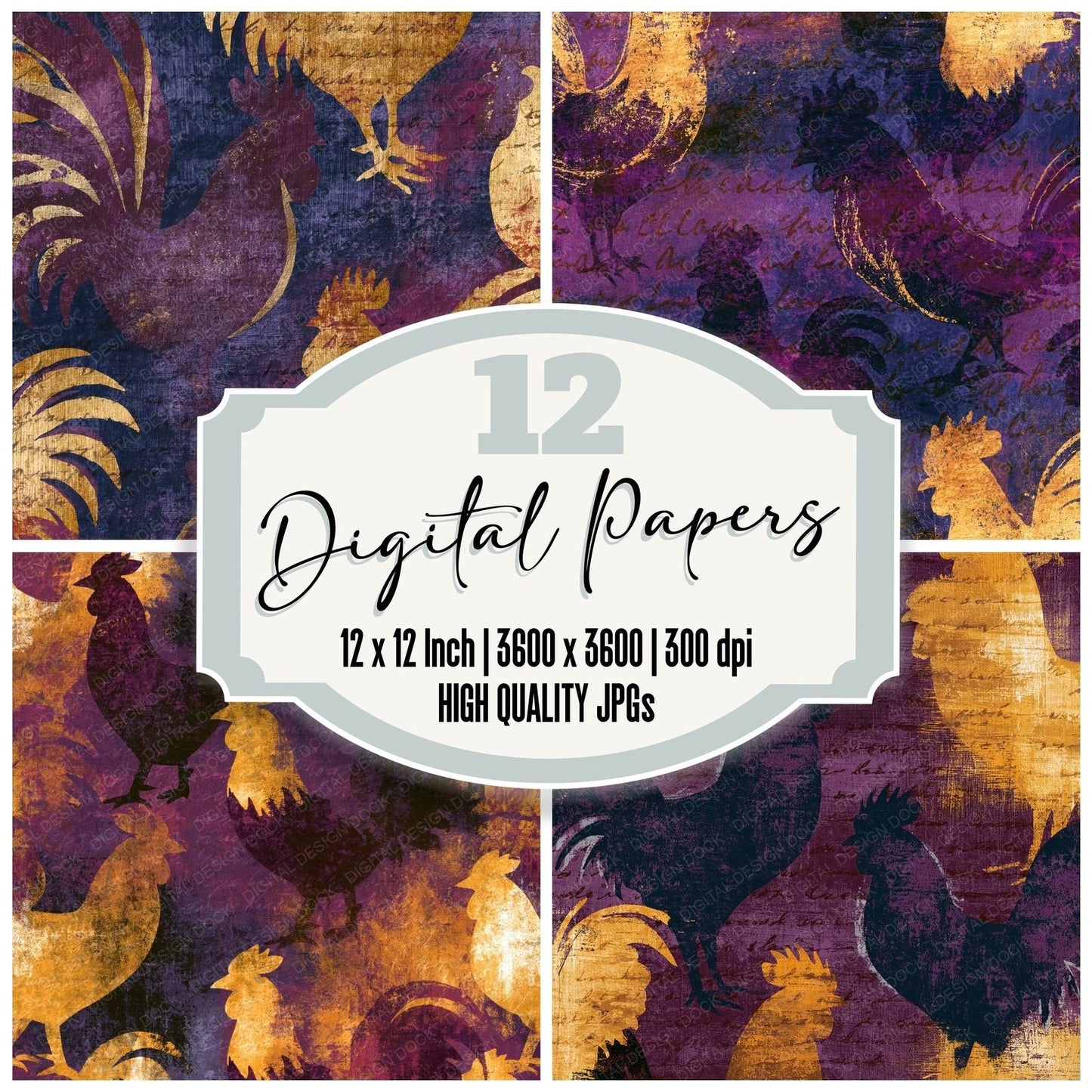 Monoprint Rooster Weather Vane Aubergine Digital Paper Pack (DDD014292)
