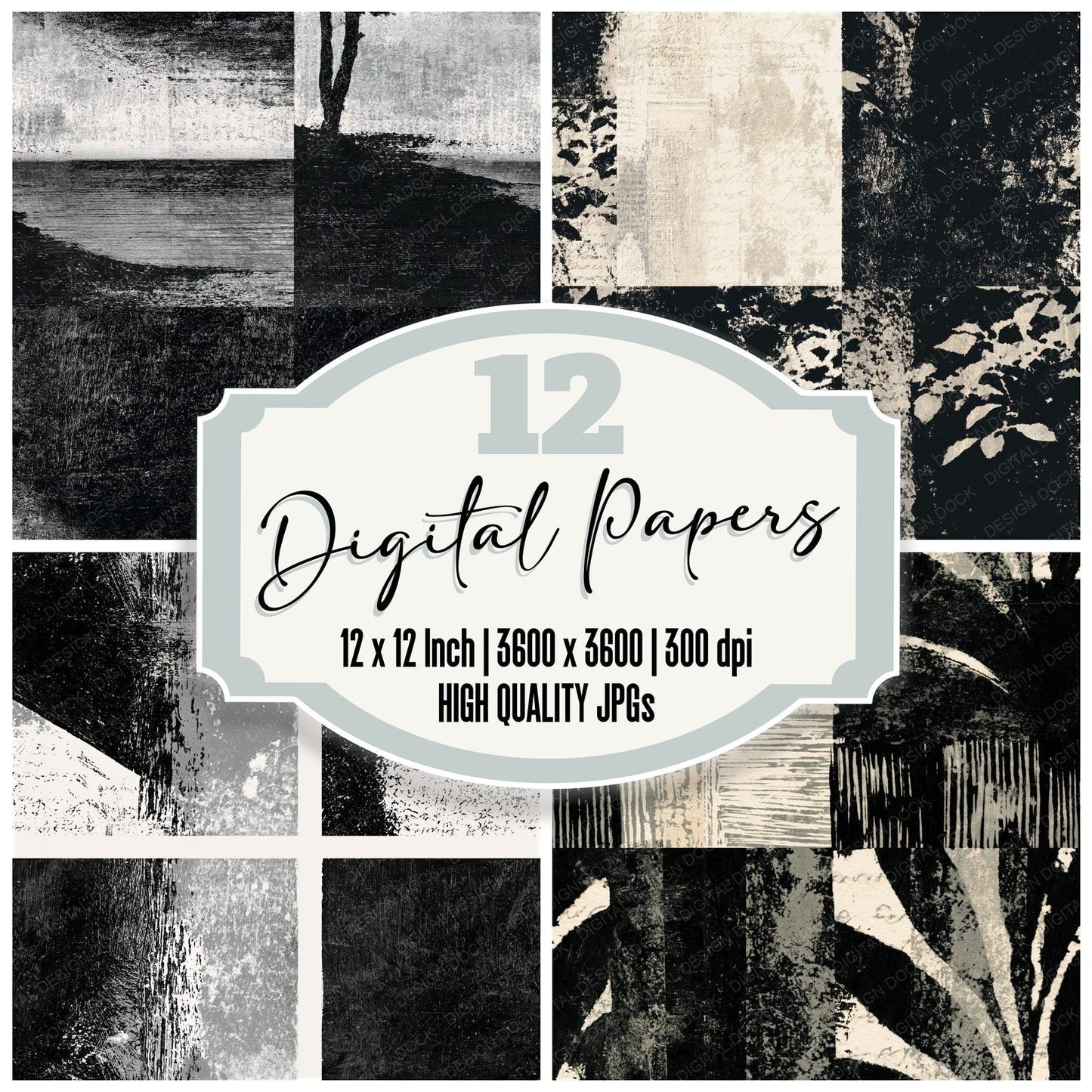 Woodblock Black White Texture Seamless Digital Paper Pack (DDD014298)