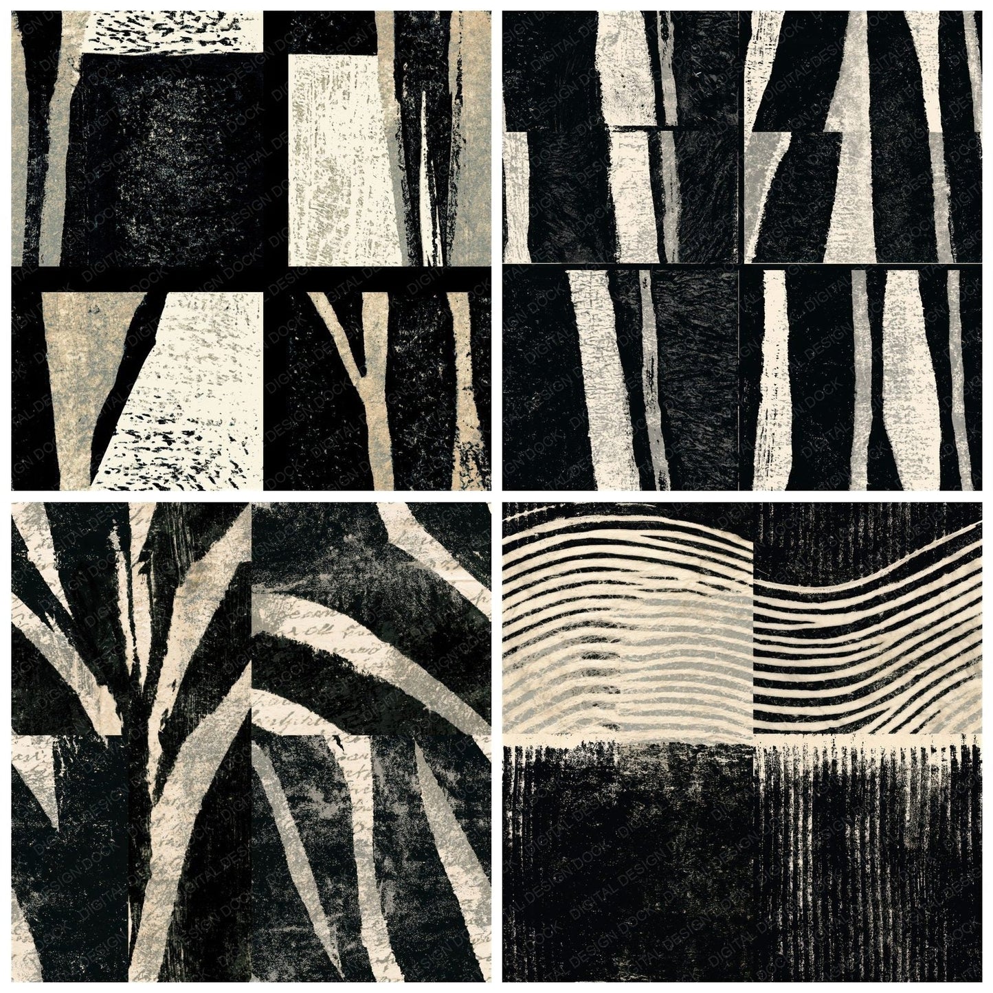 Woodblock Black White Texture Seamless Digital Paper Pack (DDD014298)