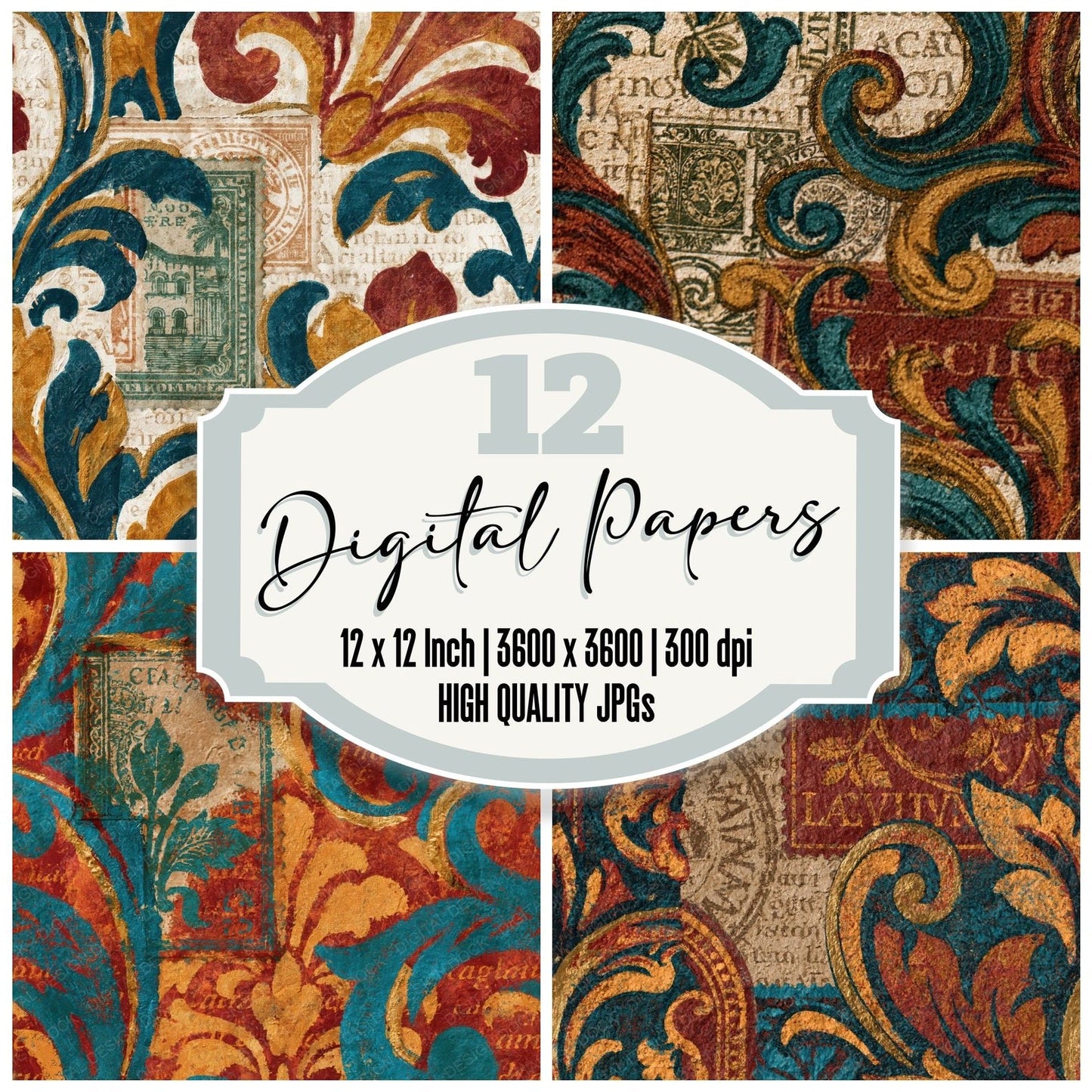 Baroque Passport Stamps Rust Turquoise Seamless Digital Paper Pack (DDD014305)