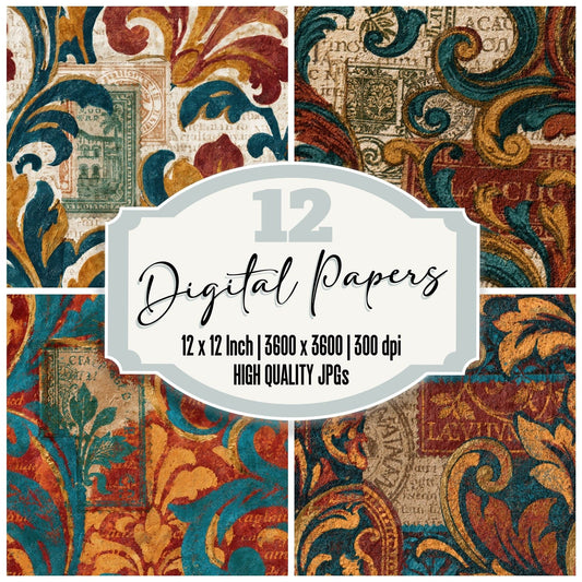 Baroque Passport Stamps Rust Turquoise Seamless Digital Paper Pack (DDD014305)