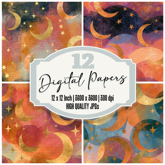Layered Crescent Stars Apricot Rose Seamless Digital Paper Pack (DDD014310)