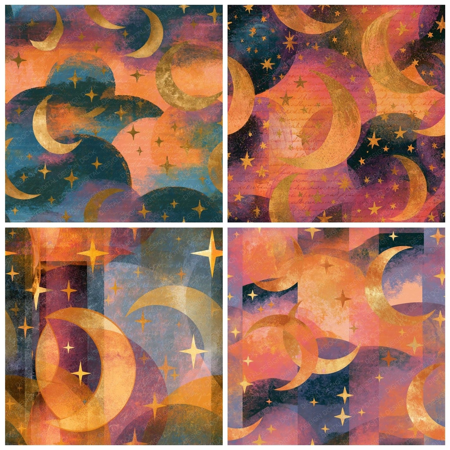 Layered Crescent Stars Apricot Rose Seamless Digital Paper Pack (DDD014310)