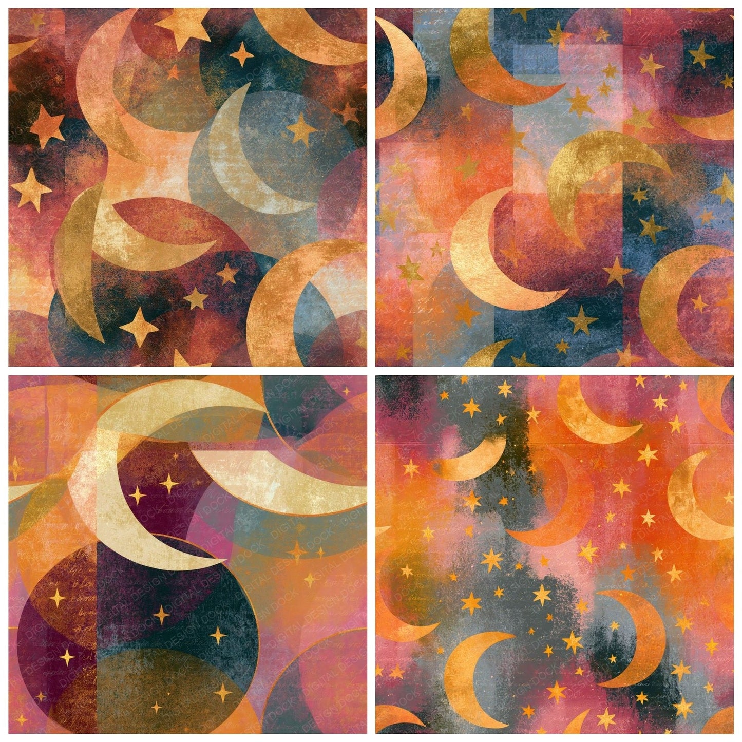 Layered Crescent Stars Apricot Rose Seamless Digital Paper Pack (DDD014310)