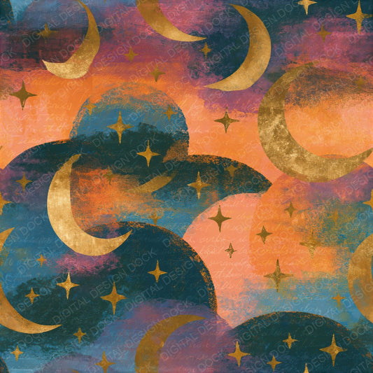 Layered Crescent Stars Apricot Rose Seamless Digital Paper Pack (DDD014310)