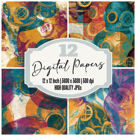 Letterpress Diving Helmets Ochre Plum Seamless Digital Paper Pack (DDD014311)