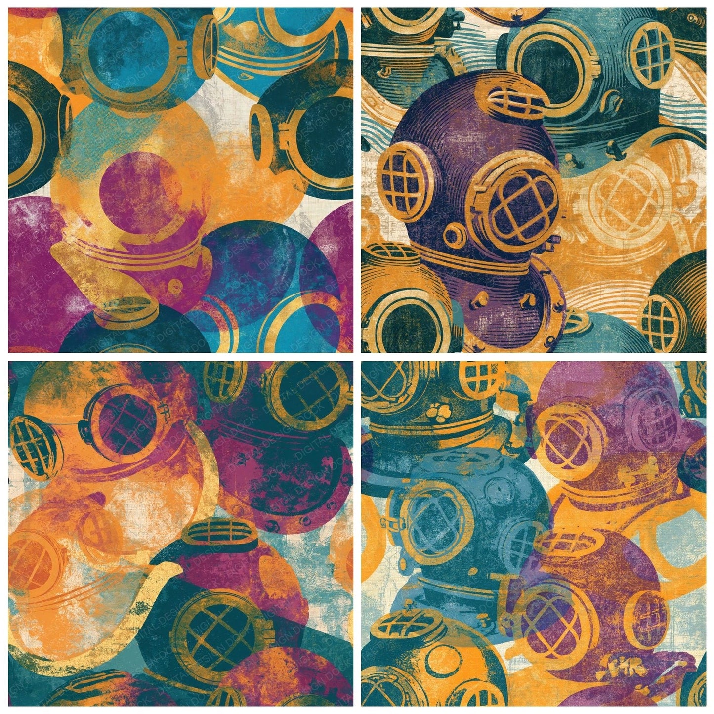 Letterpress Diving Helmets Ochre Plum Seamless Digital Paper Pack (DDD014311)