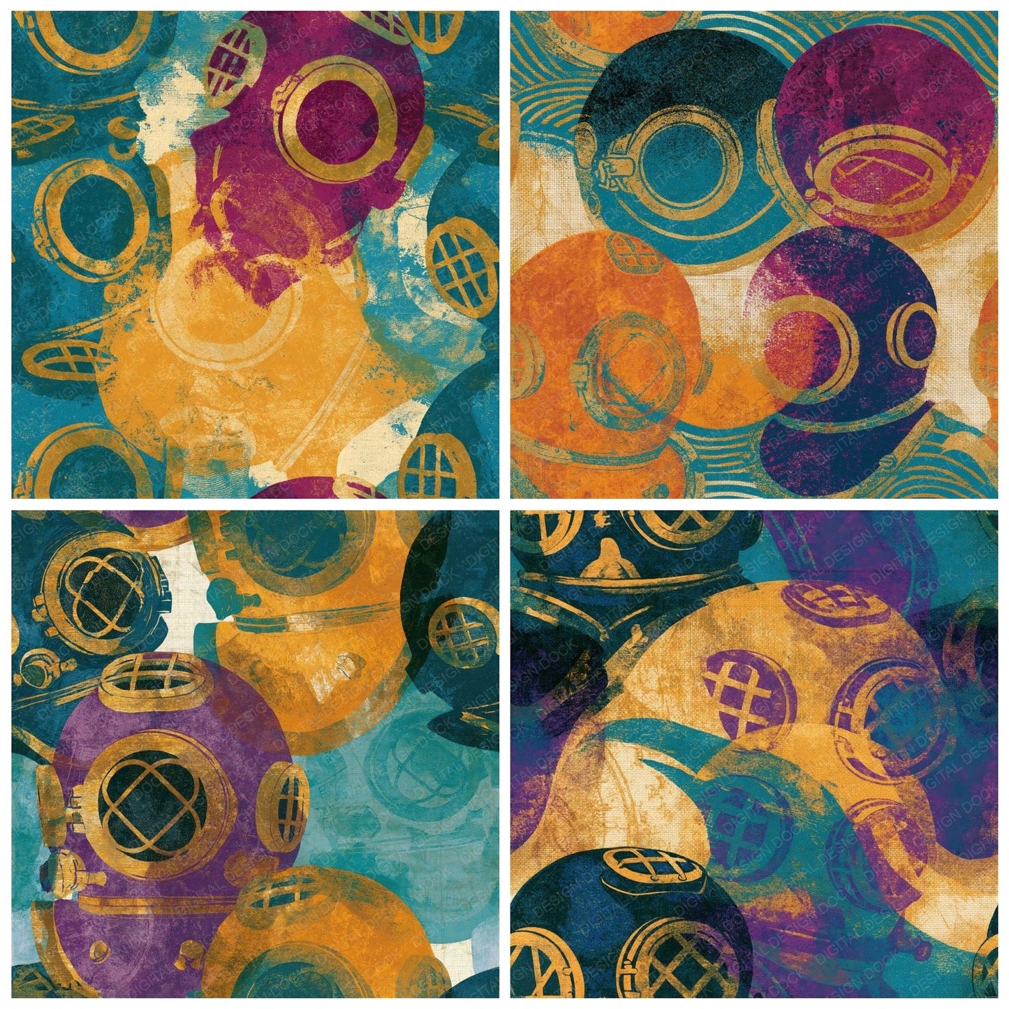 Letterpress Diving Helmets Ochre Plum Seamless Digital Paper Pack (DDD014311)
