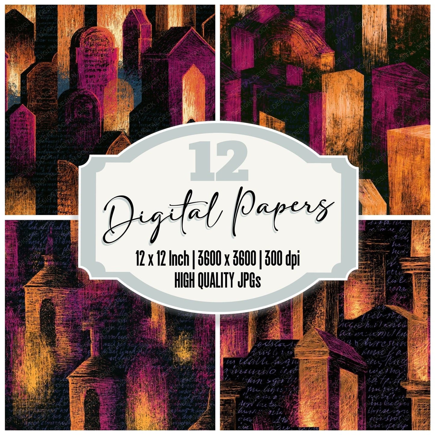 Scratchboard Crypts Amber Magenta Seamless Digital Paper Pack (DDD014314)