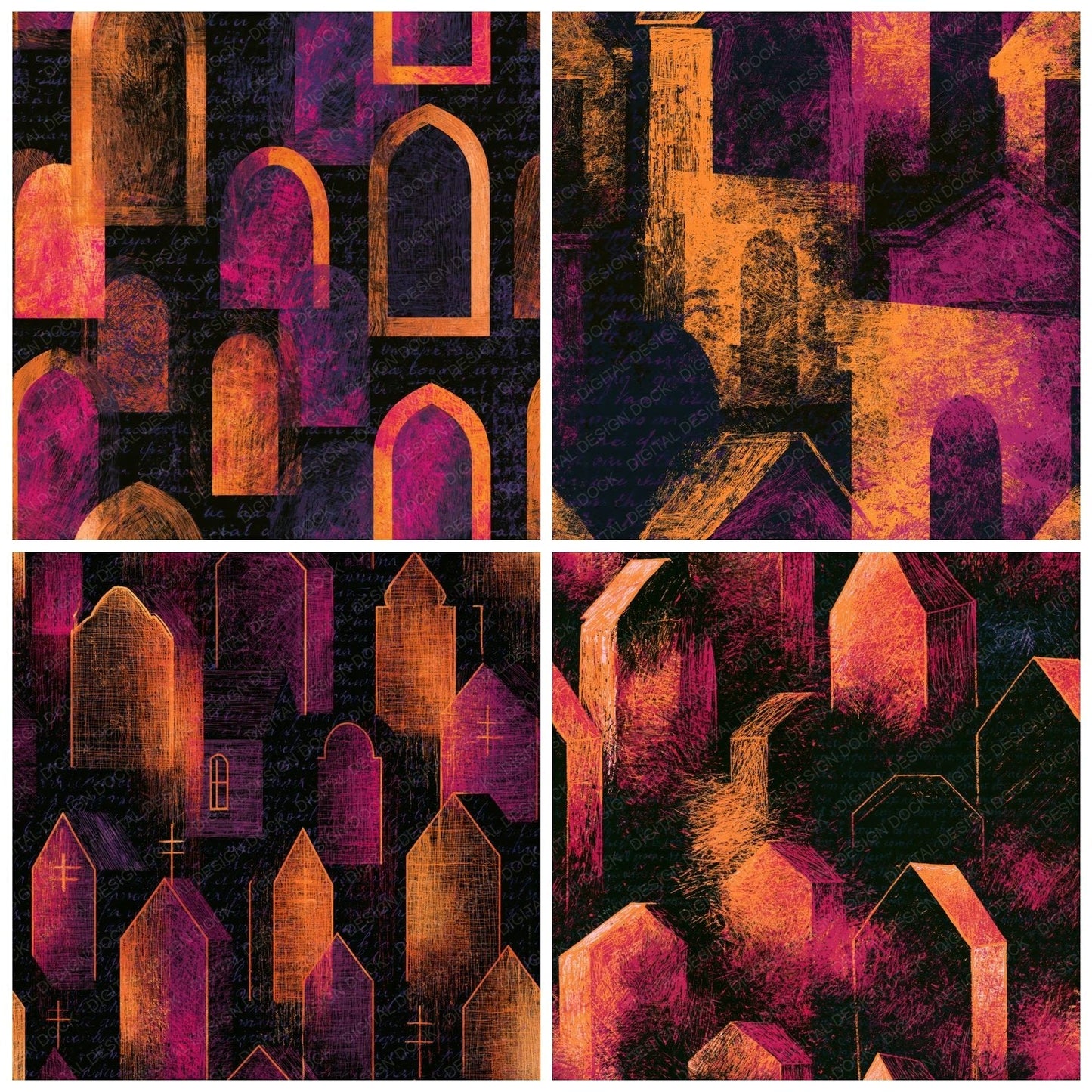 Scratchboard Crypts Amber Magenta Seamless Digital Paper Pack (DDD014314)