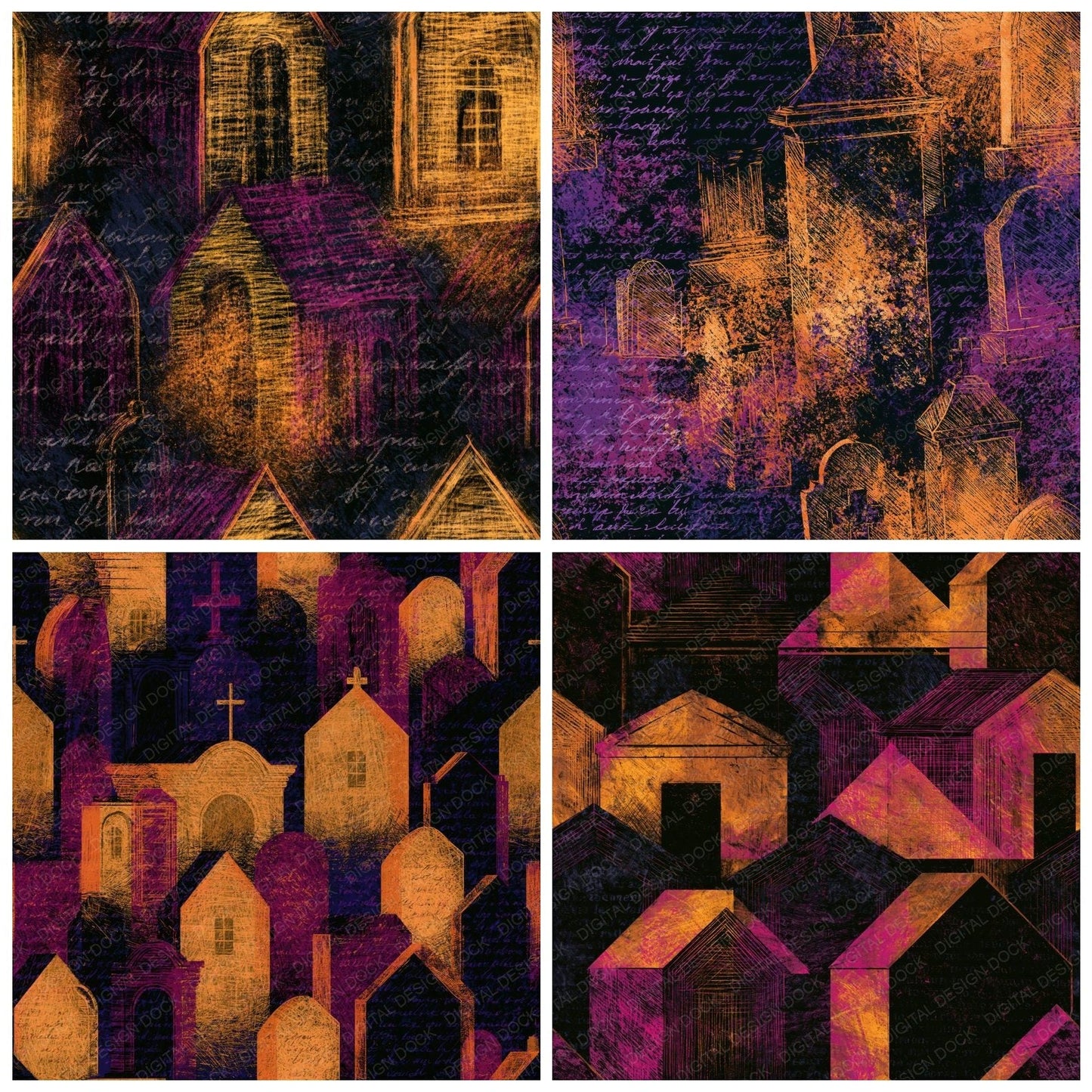Scratchboard Crypts Amber Magenta Seamless Digital Paper Pack (DDD014314)