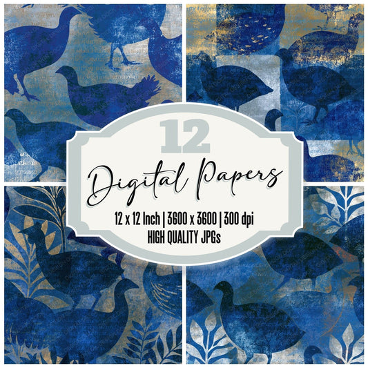 Woodblock Guineafowl Midnight Silver Digital Paper Pack (DDD014321)