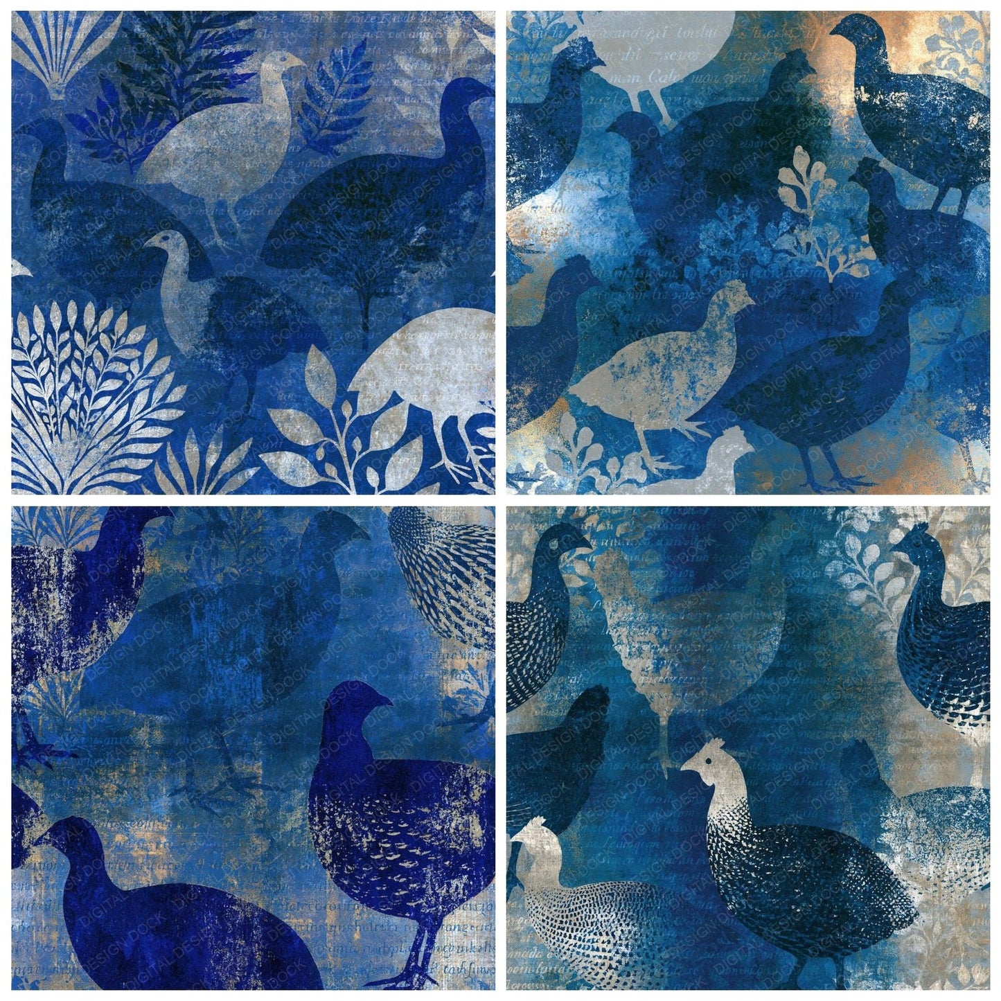 Woodblock Guineafowl Midnight Silver Digital Paper Pack (DDD014321)