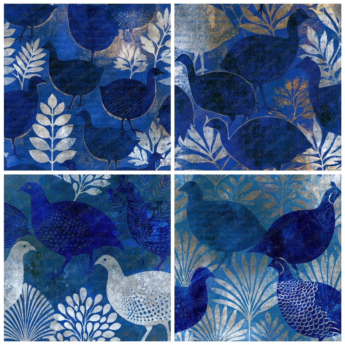 Woodblock Guineafowl Midnight Silver Digital Paper Pack (DDD014321)