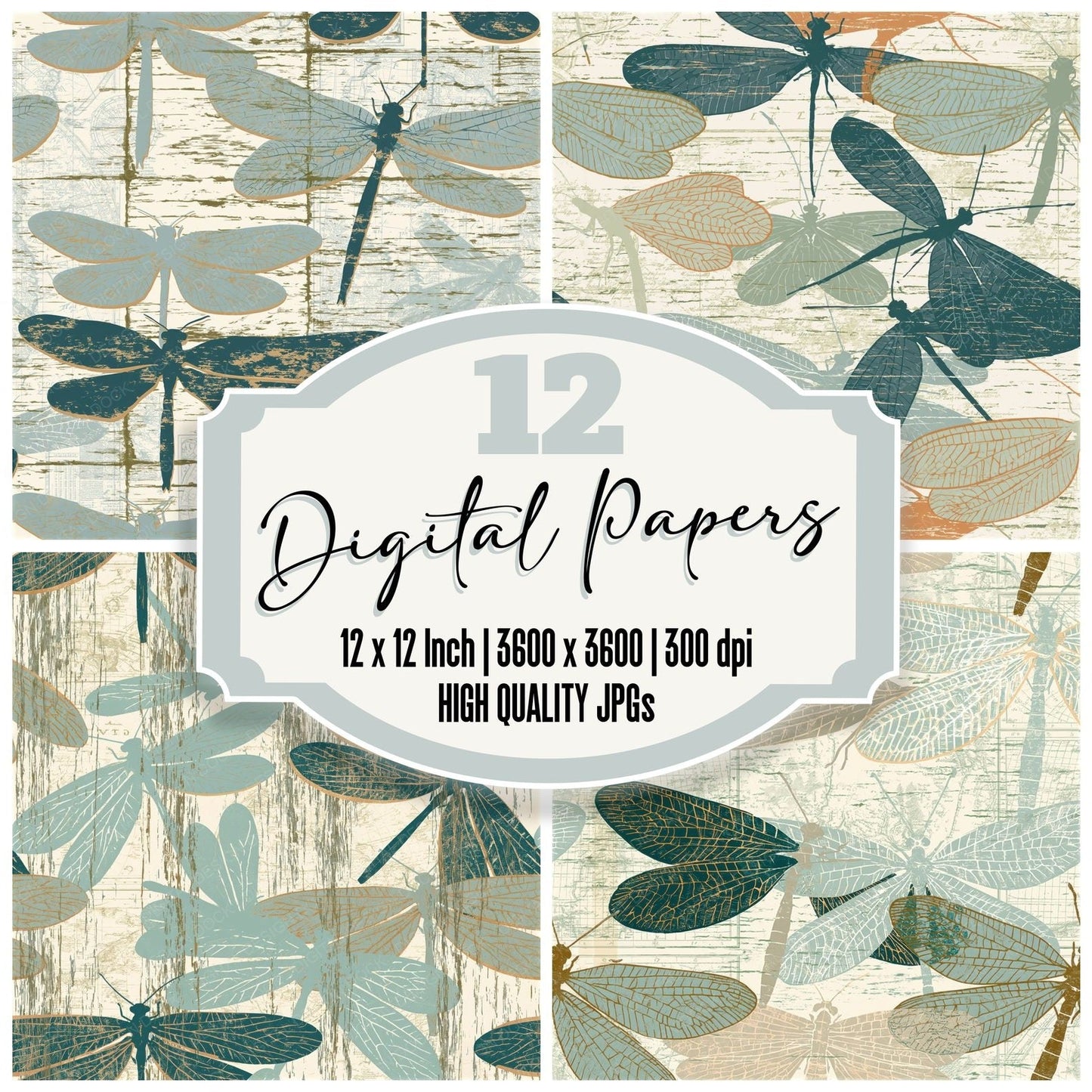 Woodcut Lacewings Sea Glass Seamless Digital Paper Pack (DDD014324)