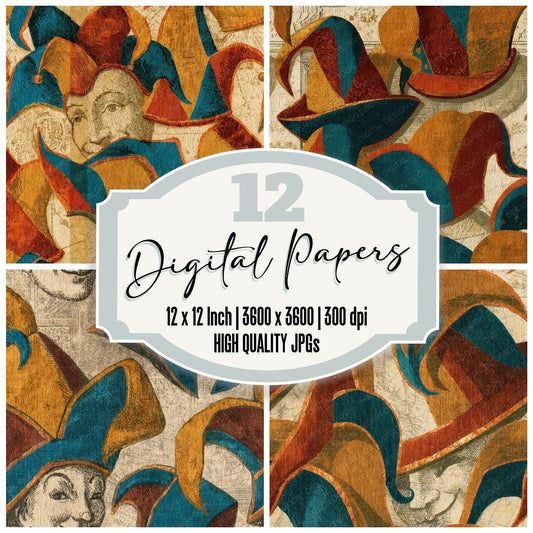 Antique Botanical Jester Hats Rust Mustard Seamless Digital Paper Pack (DDD014326)