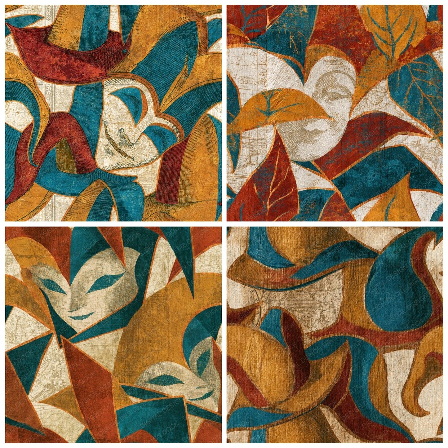 Antique Botanical Jester Hats Rust Mustard Seamless Digital Paper Pack (DDD014326)