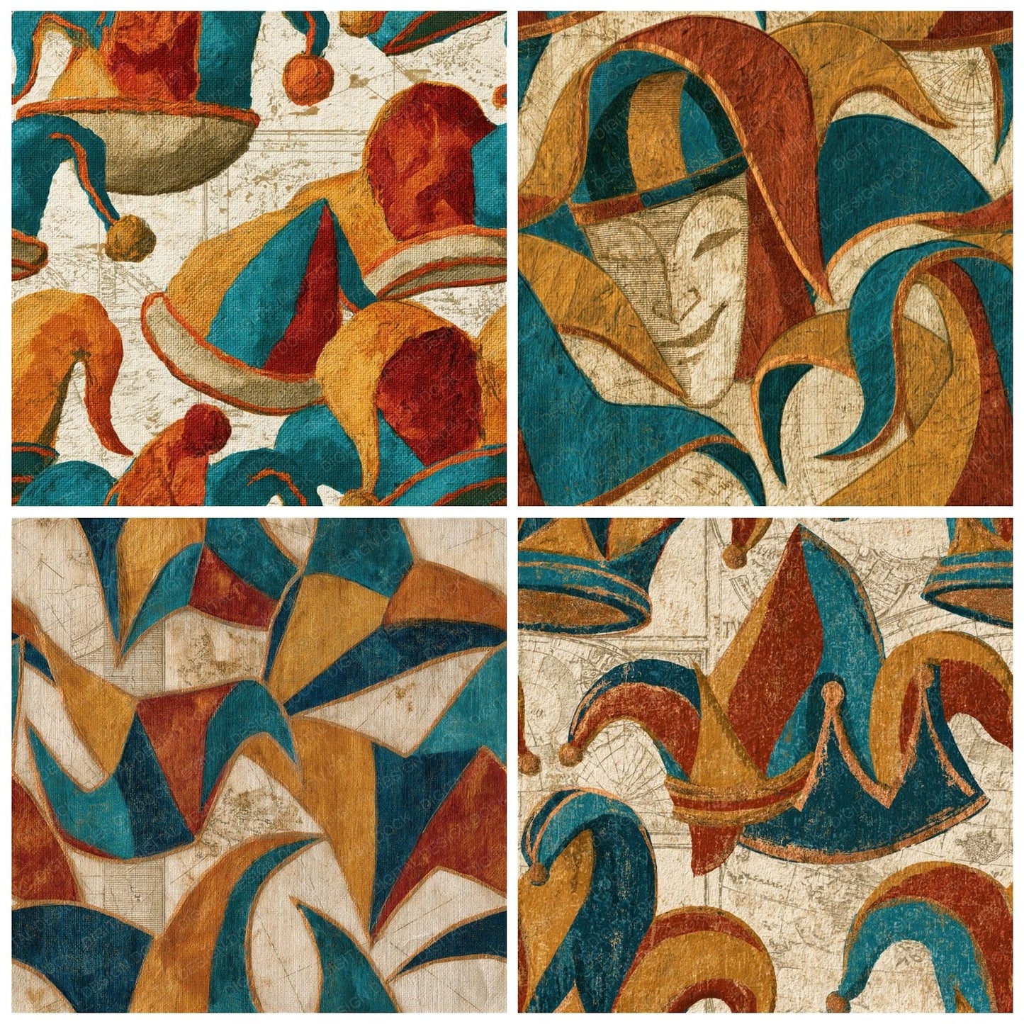 Antique Botanical Jester Hats Rust Mustard Seamless Digital Paper Pack (DDD014326)