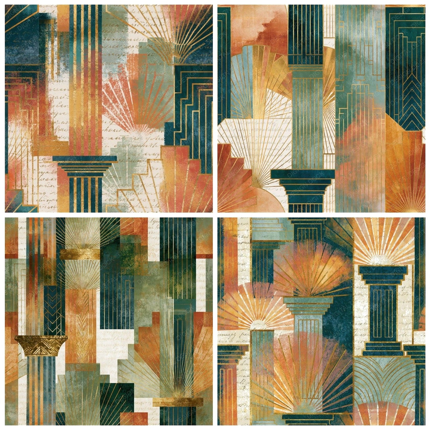 Art Deco Columns Apricot Pistachio Seamless Digital Paper Pack (DDD014327)