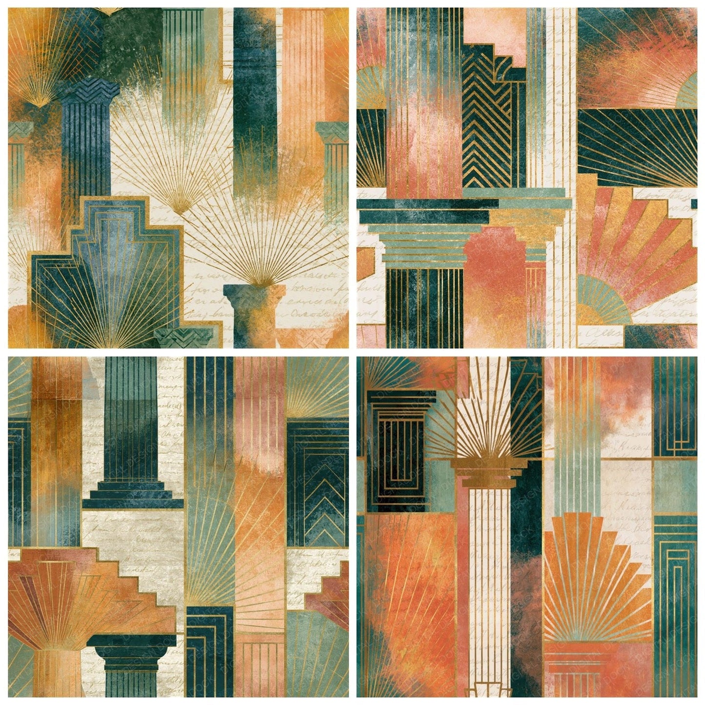 Art Deco Columns Apricot Pistachio Seamless Digital Paper Pack (DDD014327)