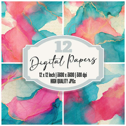 Ink Wash Bubblegum Turquoise Abstract Seamless Digital Paper Pack (DDD014336)