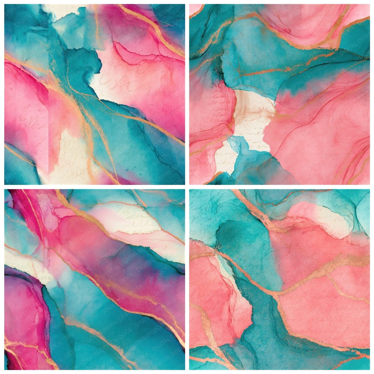 Ink Wash Bubblegum Turquoise Abstract Seamless Digital Paper Pack (DDD014336)
