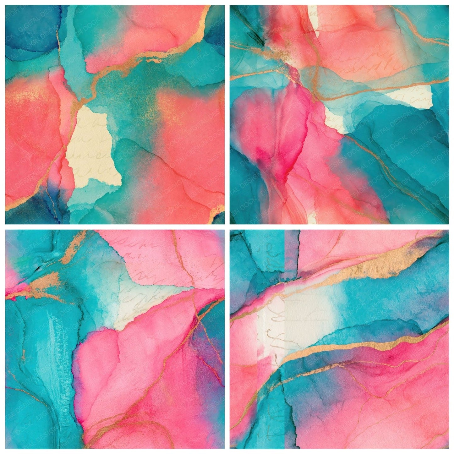 Ink Wash Bubblegum Turquoise Abstract Seamless Digital Paper Pack (DDD014336)