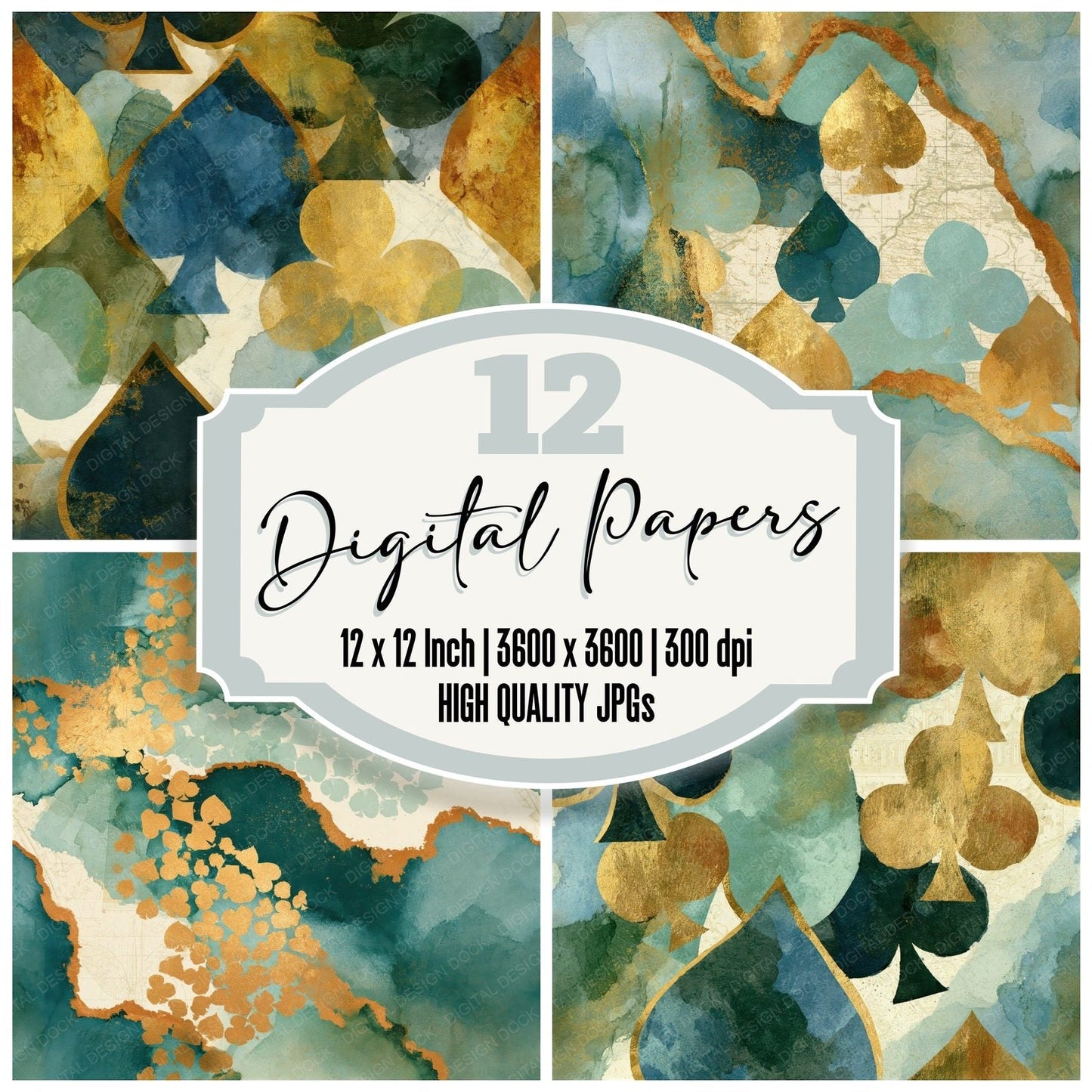 Ink Wash Card Suits Mint Gold Seamless Digital Paper Pack (DDD014337)