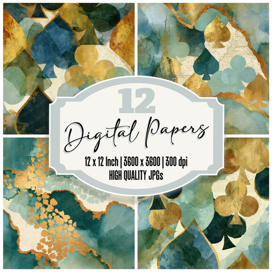 Ink Wash Card Suits Mint Gold Seamless Digital Paper Pack (DDD014337)