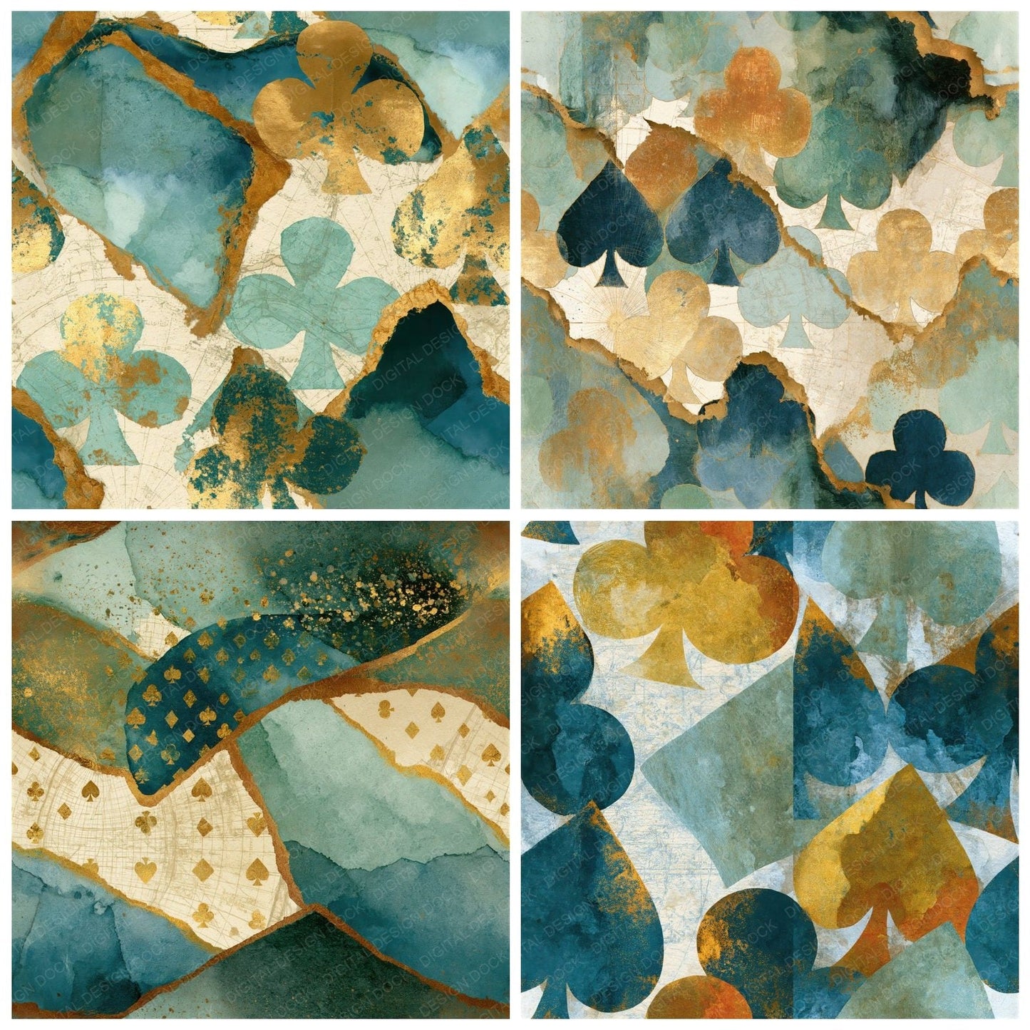 Ink Wash Card Suits Mint Gold Seamless Digital Paper Pack (DDD014337)
