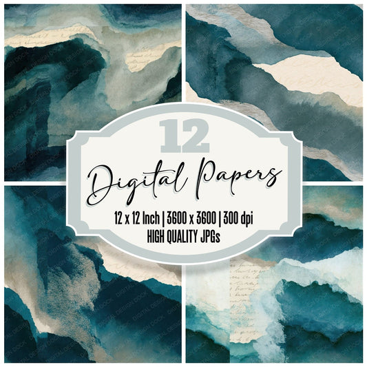 Ink Wash Teal Bone Abstract Seamless Digital Paper Pack (DDD014338)