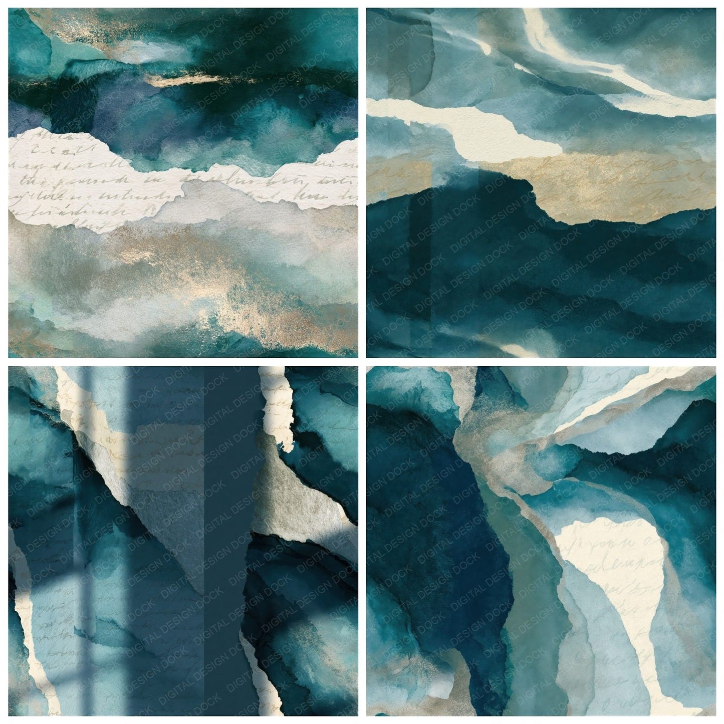 Ink Wash Teal Bone Abstract Seamless Digital Paper Pack (DDD014338)