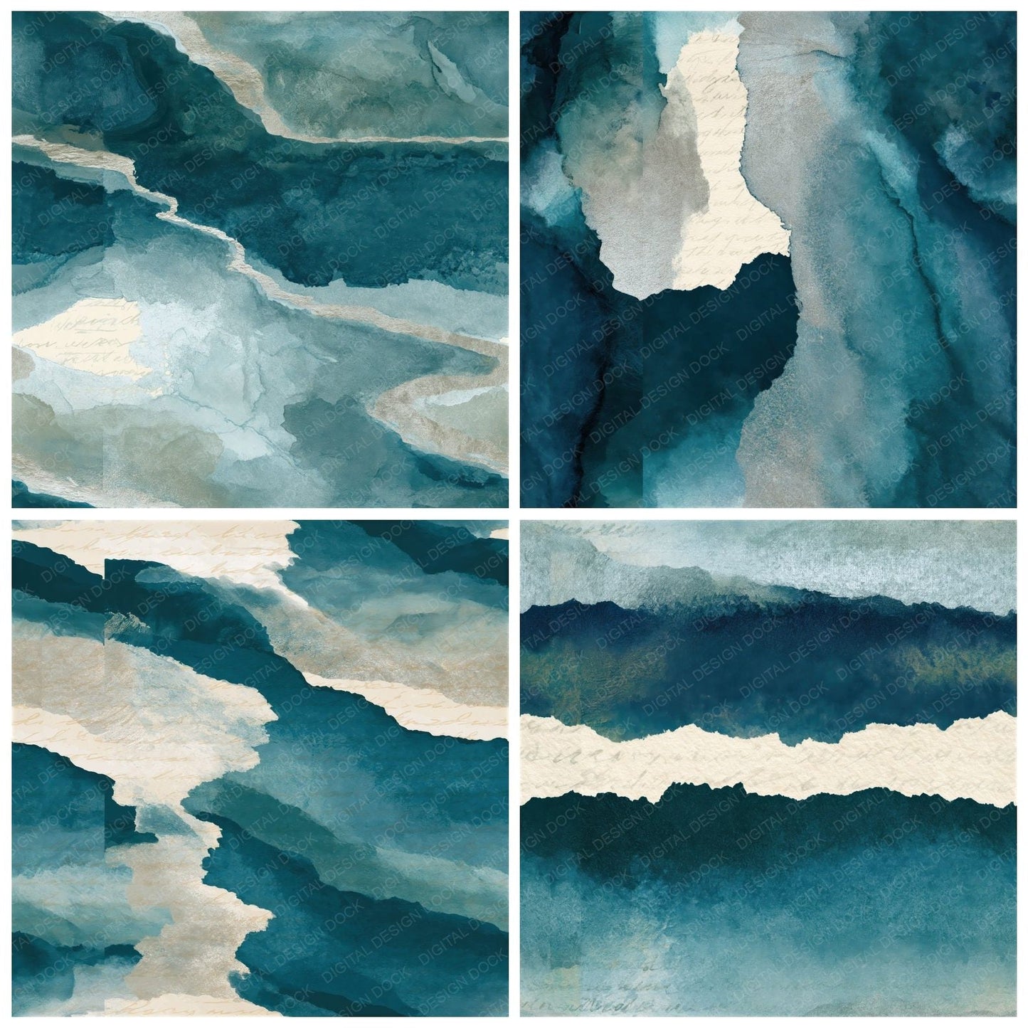 Ink Wash Teal Bone Abstract Seamless Digital Paper Pack (DDD014338)