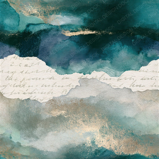 Ink Wash Teal Bone Abstract Seamless Digital Paper Pack (DDD014338)