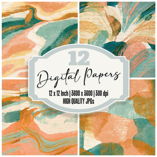 Linocut Peach Mint Butter Abstract Seamless Digital Paper Pack (DDD014339)