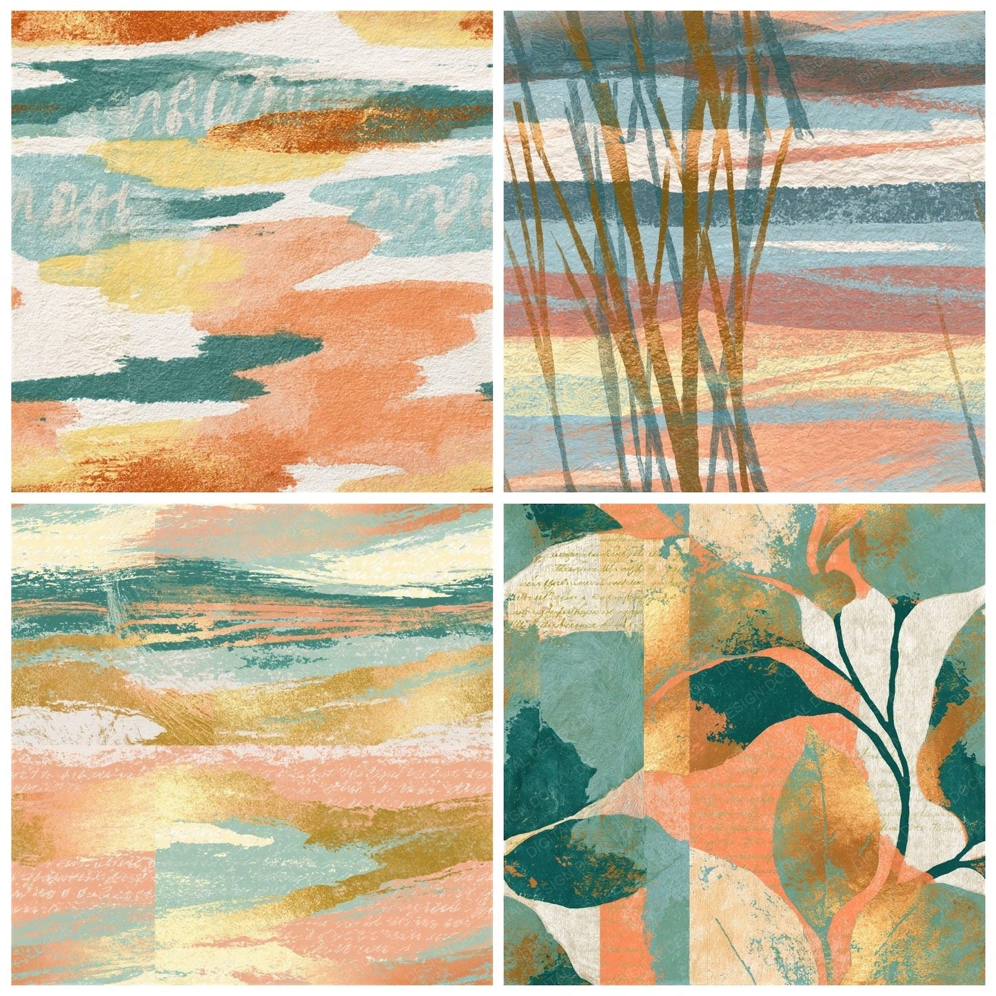 Linocut Peach Mint Butter Abstract Seamless Digital Paper Pack (DDD014339)